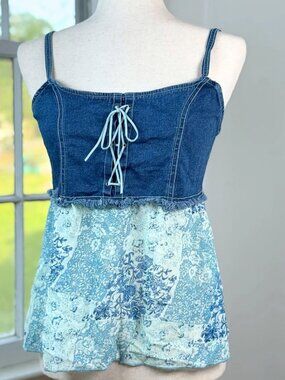 Y2K Vintage Zoey Beth Denim Corset Babydoll Top Large Sheer Chiffon Blue Floral